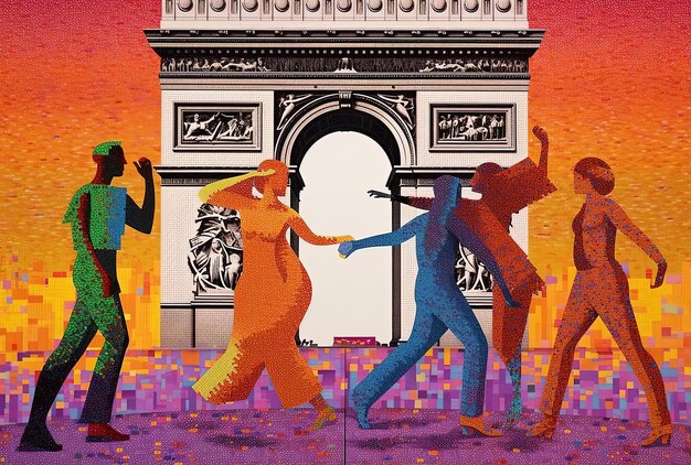 Three people dancing in front of the arc de triomphe in the style of bold colorful lines