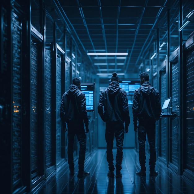 Три человека в темном центре обработки данных работают над решением проблем