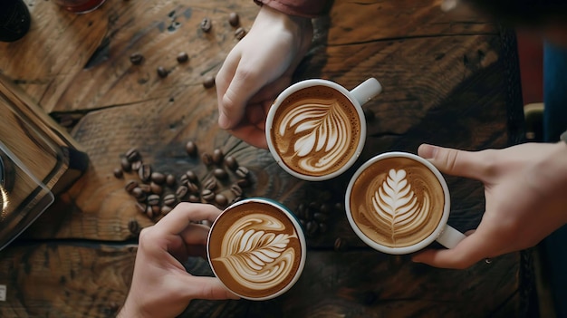 Photo three people enjoying delicious cappuccino with beautiful latte art in a coffee shop