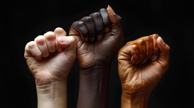 Three people hold their fists tight together against black background