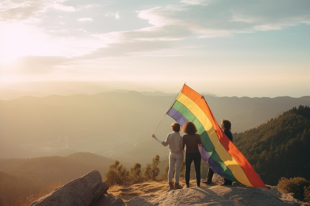 Three people holding a rainbow flag and a mountain in the background