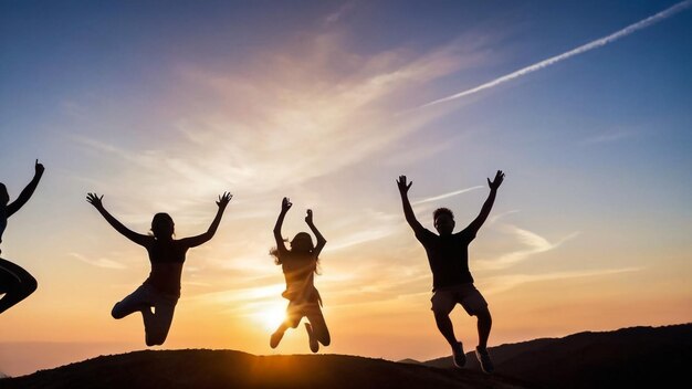 three people jumping in the air with the sun behind them