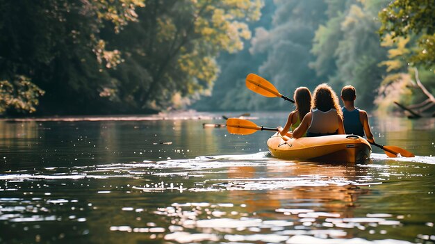 Photo three people kayaking on a river surrounded by trees the sun is shining through the trees