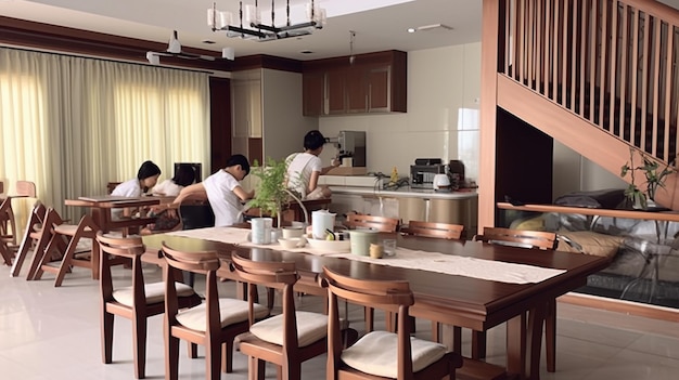 three people in a kitchen with a table and chairs.