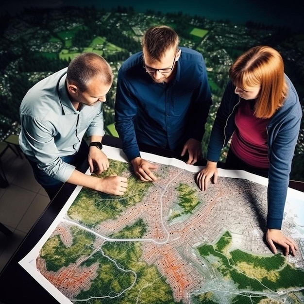 Foto tre persone che guardano una mappa della città