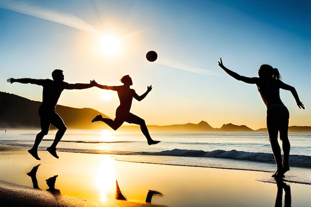 Three people playing soccer on the beach with the sun setting behind them