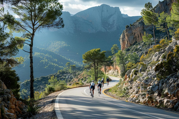 Three people riding bikes down a road in the mountains with a view of the mountains behind them and