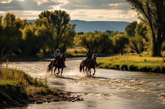 Foto tre persone a cavallo nel mezzo di un fiume