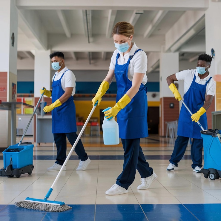 Photo three people in a room with a broom and mop