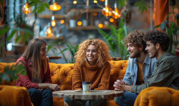 Photo three people sit on a couch and talk with one of them wearing a sweater