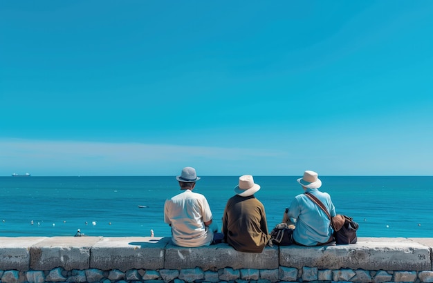 3人が海を見下ろす石の壁に座っている