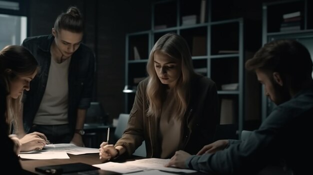 Three people sit at a table, one of them is writing on a paper.