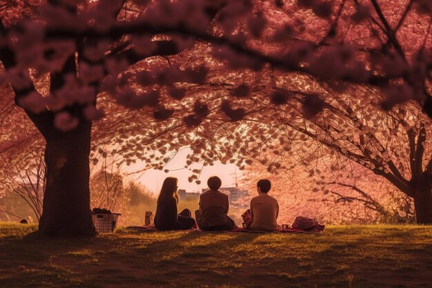 Three people sit under a tree with the sun shining on them.