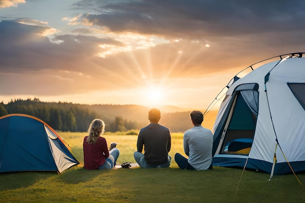 Three people sitting in front of a tent at sunset