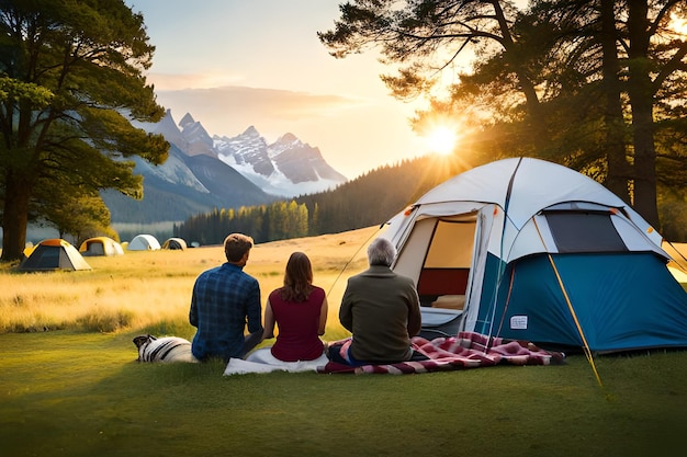 Three people sitting in front of a tent with mountains in the background