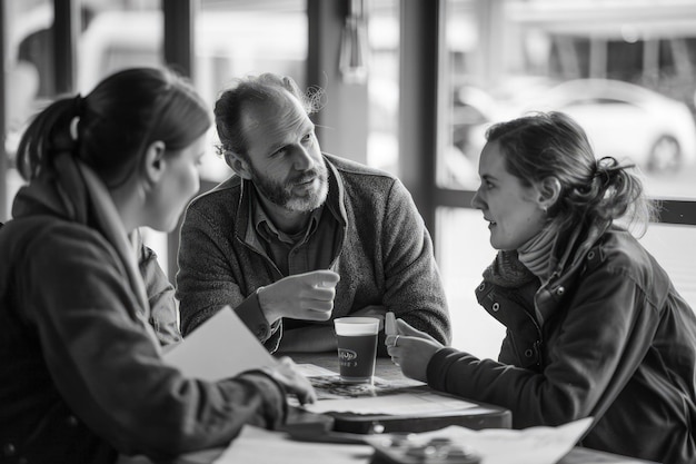 Three people sitting at a table talking to each other