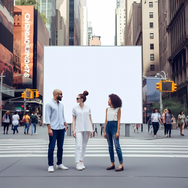 Photo three people stand in front of a billboard that says 