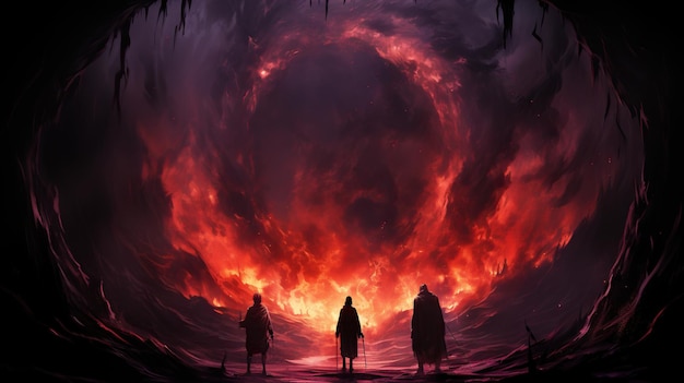 three people standing next to a fiery entrance and flames Digital concept illustration painting