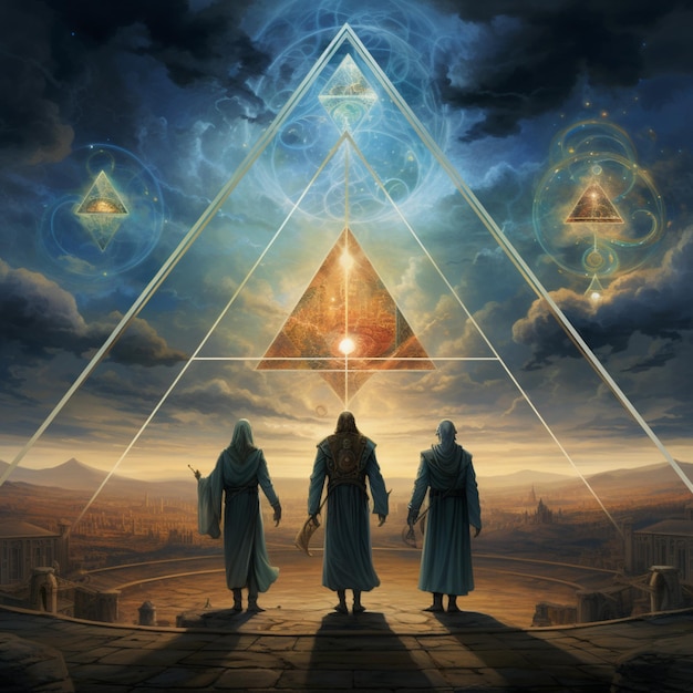 Photo three people standing in front of a pyramid with a sky background generative ai