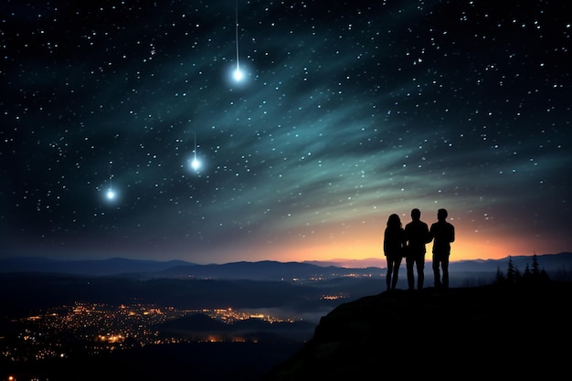 Фото Три человека стоят на холме и смотрят в небо.