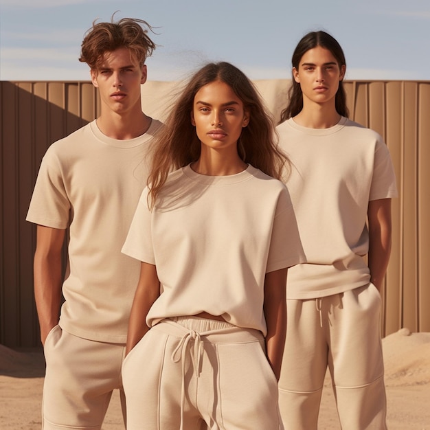 Three people standing in the sand with one wearing a white shirt that says " the word " on it.