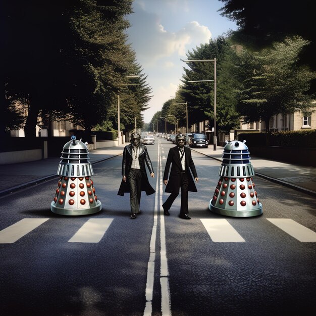 Photo three people in suits stand in the middle of a street with one of them wearing a star wars outfit