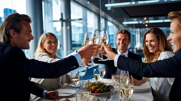 Foto tre persone brindano con bicchieri di champagne in un ristorante