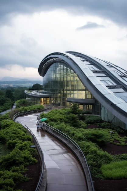 Three people walking on a curved path in front of a modern glass and steel building