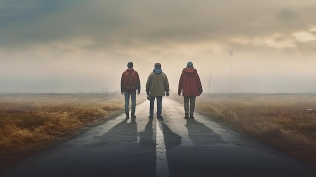 Photo three people walking down a road in the fog generative ai