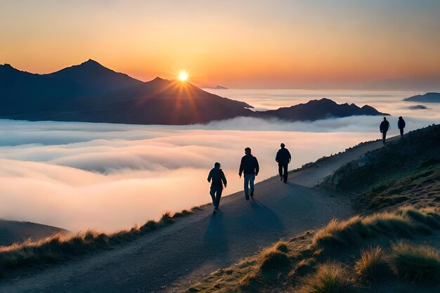 Photo three people walking on a mountain path with the sun setting behind them.