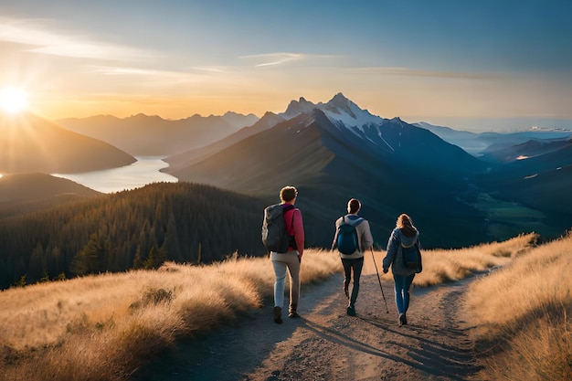 Three people walking on a trail with mountains in the background