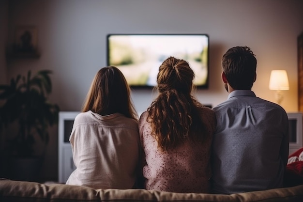 Tre persone guardano la tv insieme il concetto evidenzia il tempo libero condiviso