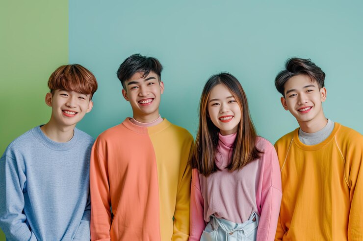 Photo 세 명이 다채로운 셔츠를 입고 한 명은 핑크색 셔츠에 트라는 글이 적혀 있습니다.