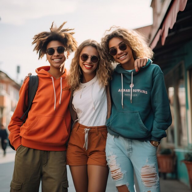 Three people wearing hoodies and a hoodie with the word