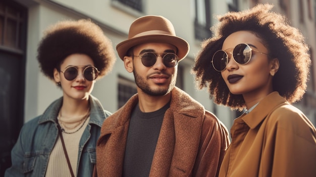 Three people wearing sunglasses stand in a street.