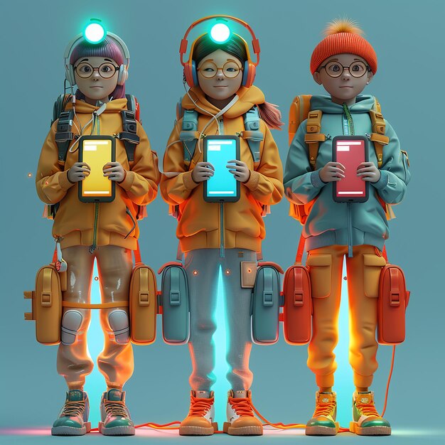 three people with orange helmets and one has a green light on it