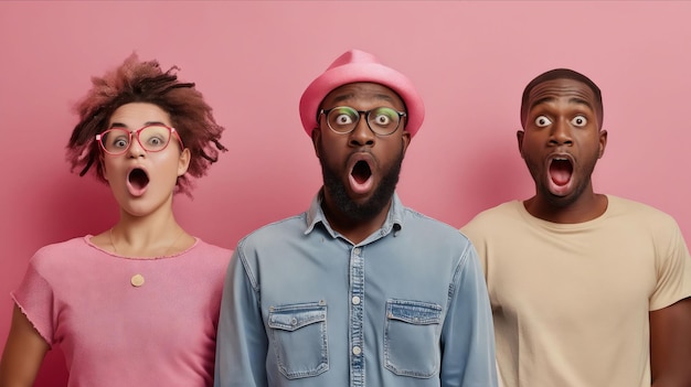 Three people with surprised faces standing on pink background