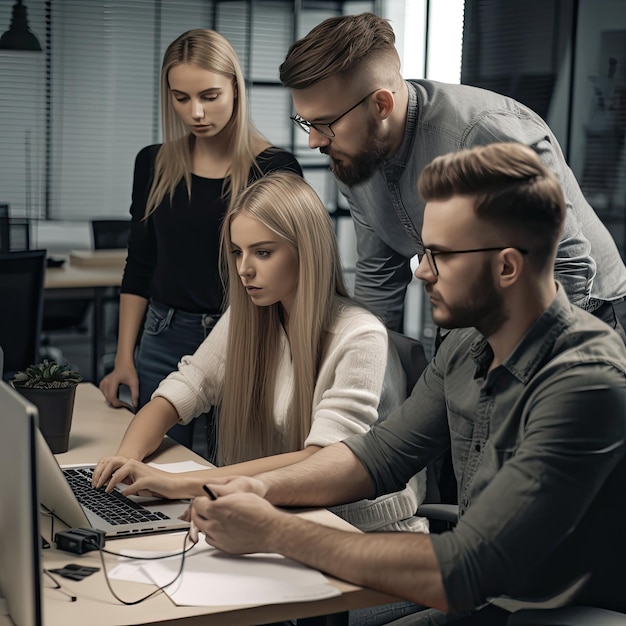 Three people working on a laptop in an office