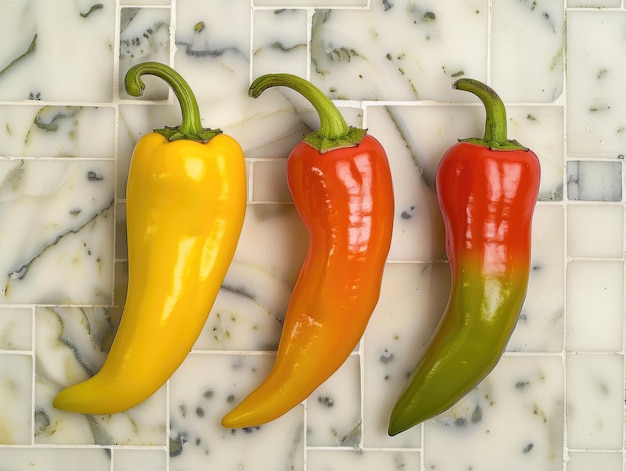 Three peppers are displayed on a marble countertop The peppers are yellow orange and green