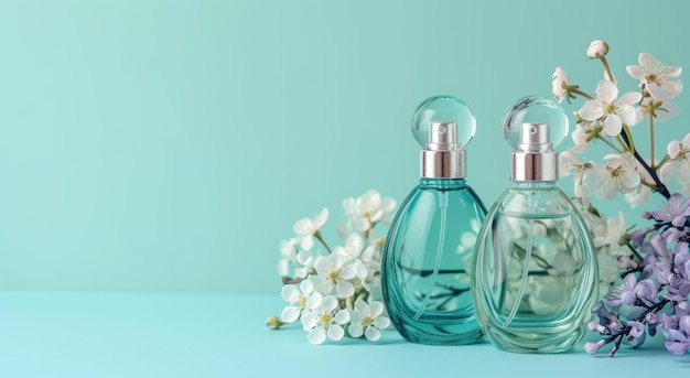 three perfume bottles with flowers on blue background