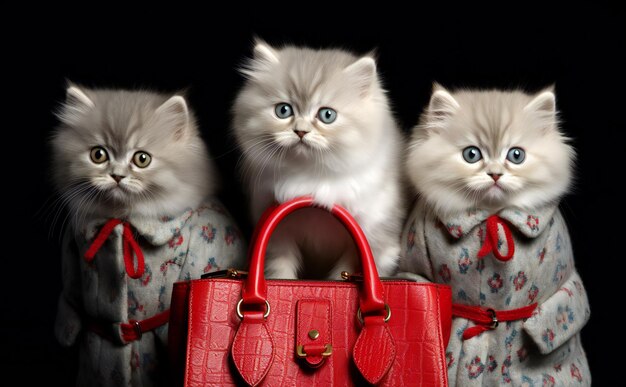 Three persian cats with red bag isolated on black background