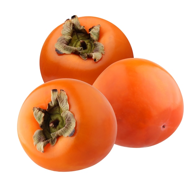 Three persimmons isolated on a white background. bunch of whole ripe tropical fruit.