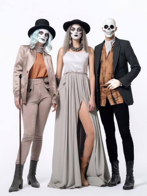 Photo three persons with skull makeup on white background halloween party concept