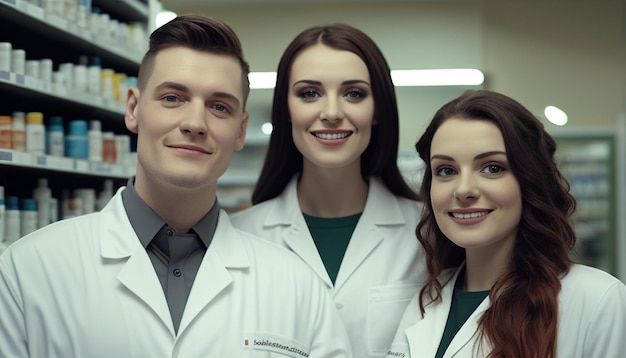 Foto tre farmacisti sorridenti in piedi insieme in un drugstore ia generativa