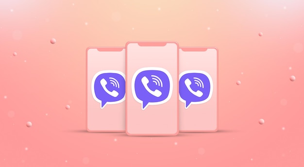 화면 3d에 viber 로고가 있는 3개의 전화기