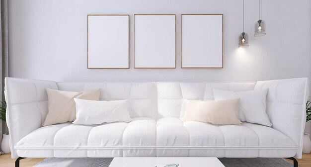 Three Photo Frame Mockup in Minimal Living Room Interior with White Sofa and White Background