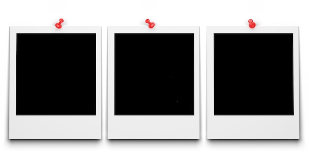 Photo three photo frames of different sizes secured with a push pin empty photo frame for your design 3d render