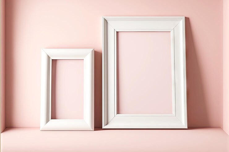 Photo three picture frame mockup of different sizes on gentle pink wall