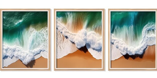 three pictures of ocean and beach in a white frame