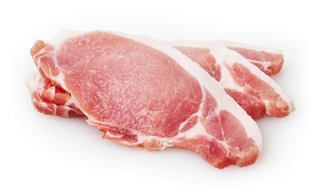Three piece of raw pork meat isolated on white background with clipping path